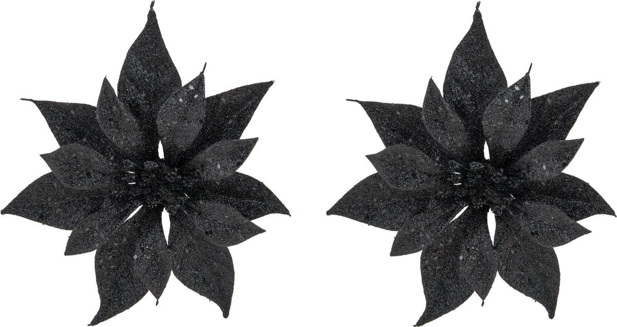 2x stuks decoratie bloemen kerststerren zwart glitter op clip 18 cm - Decoratiebloemen/kerstboomversiering