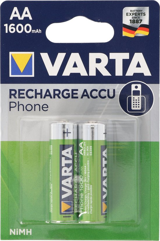 Varta AA oplaadbare batterijen, 2 stuks, groen met gouden bovenkant. Tekst 'Recharge Accu Phone'.