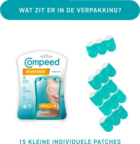 Compeed Anti-Spots Conceal & Go verpakking met 15 individuele patches. Wat zit er in de verpakking? 15 kleine individuele patches.