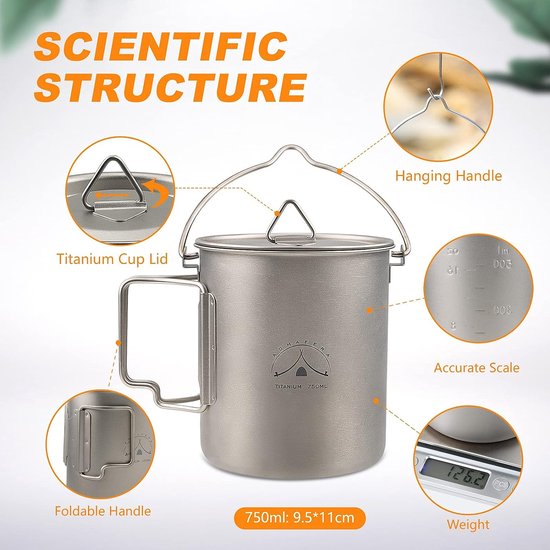 Camping titanium beker, titanium campingbeker met deksel, 99,8% titanium pot met lepel en draagbare zak (750 ml pan) — afbeelding 5