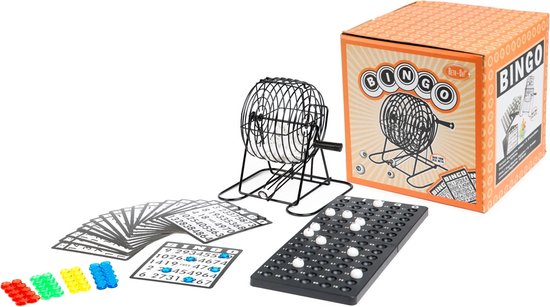 Bingoset Retr-Oh! - metaal - 20 cm - Bingomolen - 75 bingoballen - herbruikbare bingokaarten - Retr-Oh!