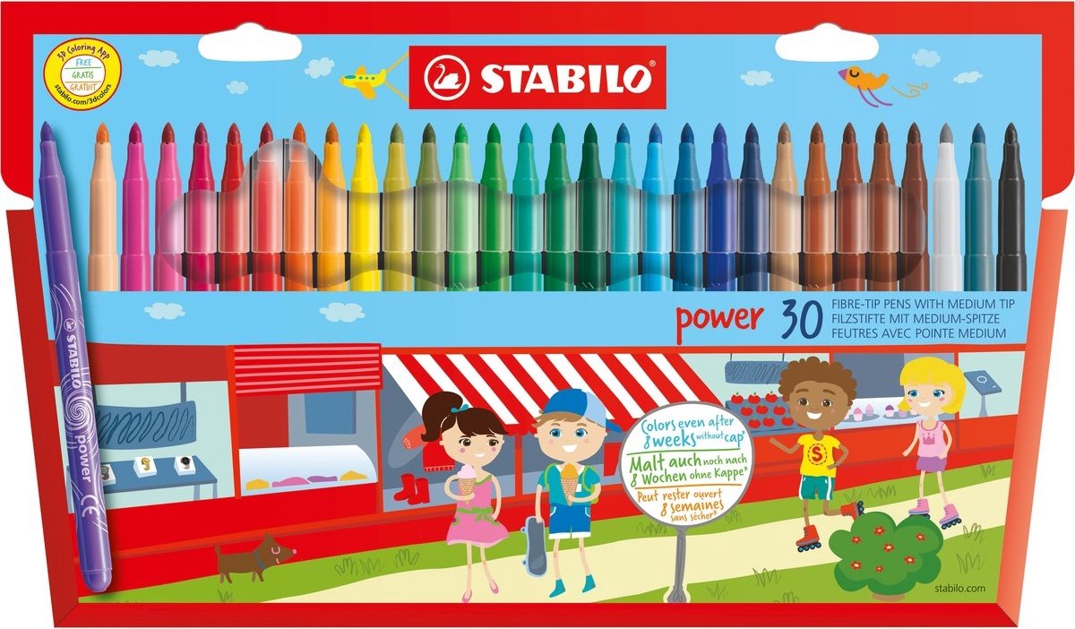STABILO Power - Viltstift - Tot 8 Weken Zonder Dop - Etui Met 30 Kleuren - STABILO