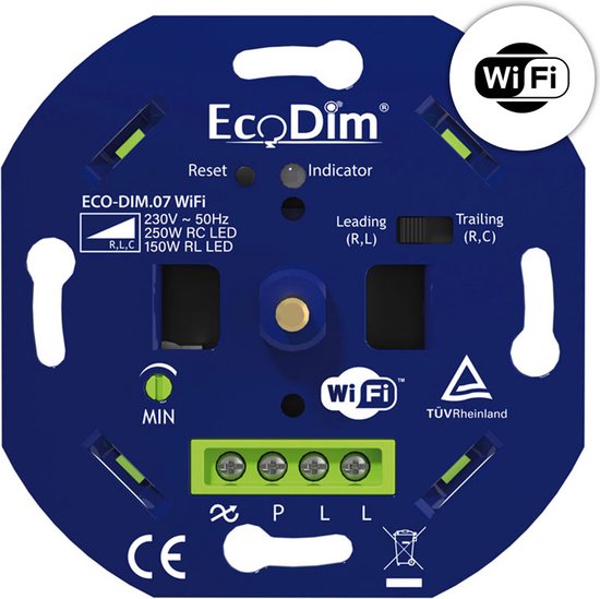 EcoDim WiFi led dimmer, ECO-DIM.07 WiFi, druk/draai, inbouw, 250W LED, voor alle merken afdekmateriaal - Ecodim