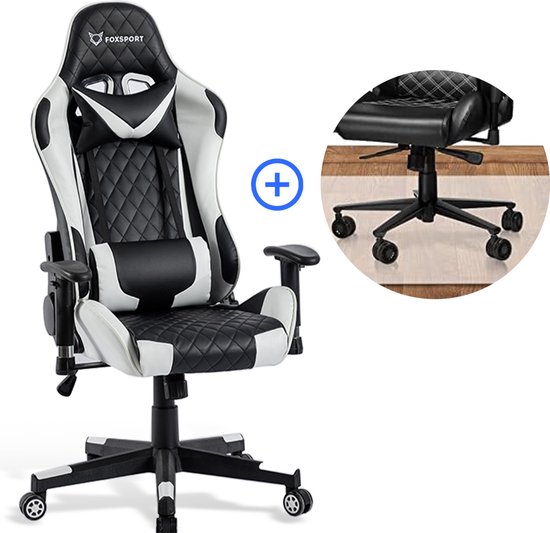K IKIDO - Gamestoel - Bureaustoel - Gaming Chair - Nek - en Rugkussen - Verstelbare Zithoogte - Kantoor/Thuis /Gaming - Zwart/Grijs - Met bureaustoel vloermat