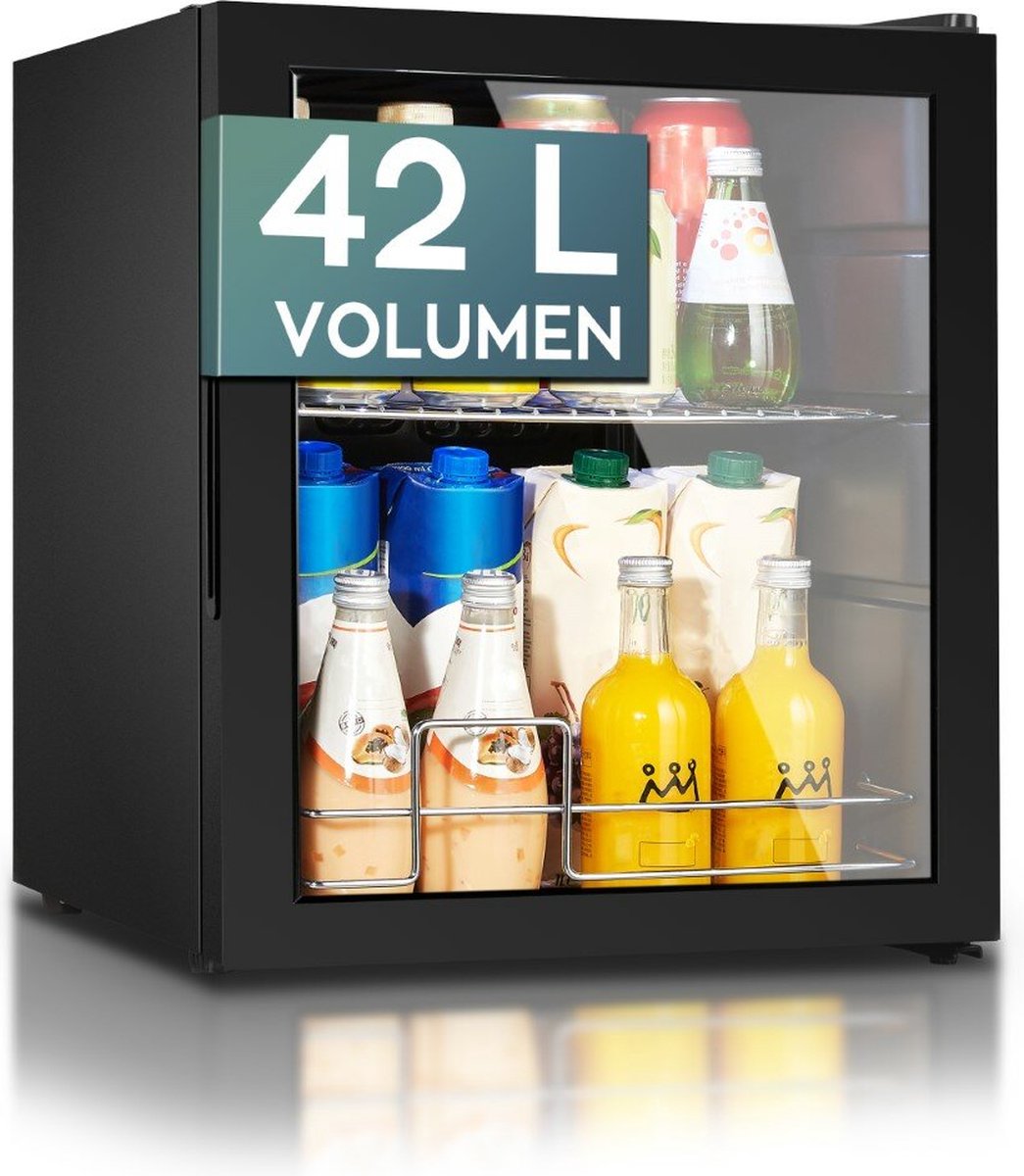 Heinrich's HGK 3142 mini koelkast met glazen deur zwart 42 liter - glasdeur - doorzichtige deur - barkoelkast - vitrinekoelkast - bierkoelkast - kleine koelkast - minibar - modern - voor eten en drinken - drankenkoelkast - energielabel E - 43 decibel