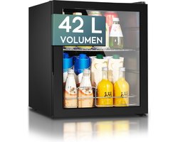 Heinrich's HGK 3142 mini koelkast met glazen deur zwart 42 liter - glasdeur - doorzichtige deur - barkoelkast - vitrinekoelkast - bierkoelkast - kleine koelkast - minibar - modern - voor eten en drinken - drankenkoelkast - energielabel E - 43 decibel