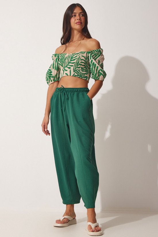 Happiness Istanbul taille normale Carrot/Shalwar Pantalon large femme en lin viscose vert émeraude avec poche CV00001