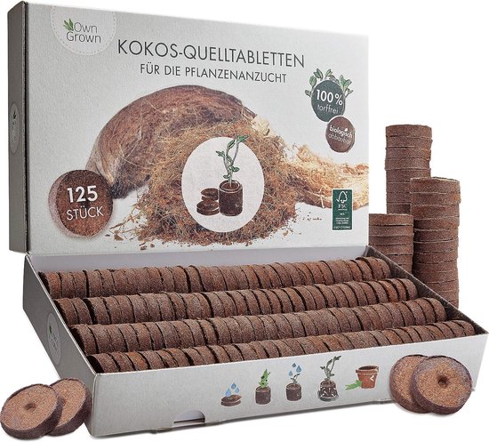 Foto: Kokos brontabletten met voedingsstoffen 125 stuks kokosaarde geperst voor planten kweken zonder pikeren turffvrij kweken aarde kokokos