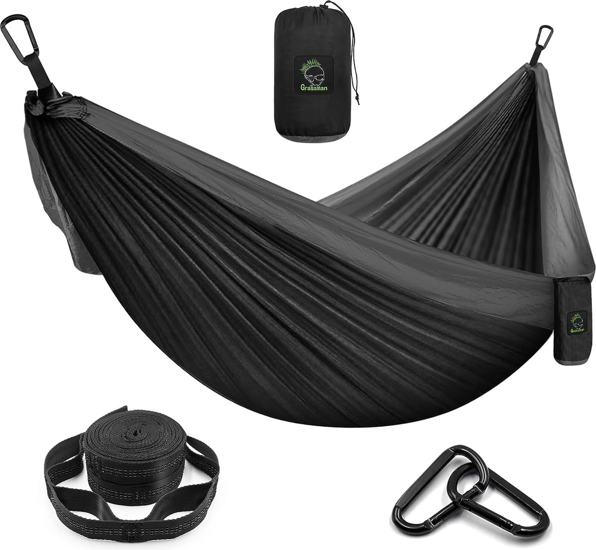 Campinghangmat Dubbele en enkele hangmat met boombanden, lichtgewicht nylon parachutehangmat Campingaccessoires Uitrusting voor binnen en grote rugzakken irritant (zwart, dubbel).275x140
