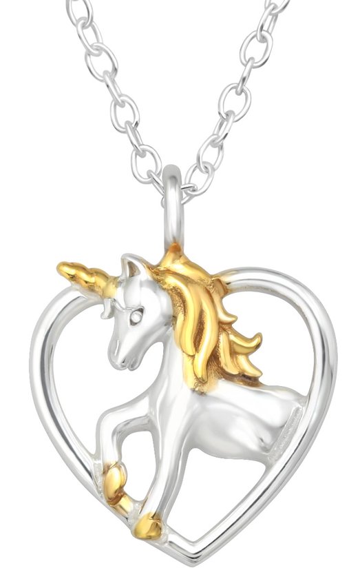 Joy|S - Zilveren hartje hanger inclusief ketting - eenhoorn / unicorn paardje - sterling zilver 925 met goudplating