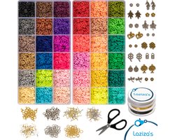 foto van Laziza's XXL Katsuki Kralenset - Twee Bakjes Met 36 Kleuren Katsuki Kralen - 32 Unieke Gouden en Zilveren Bedels - Twee Nylondraad en 1 Ijzerdraad - Spacerbeads - Oorbellen