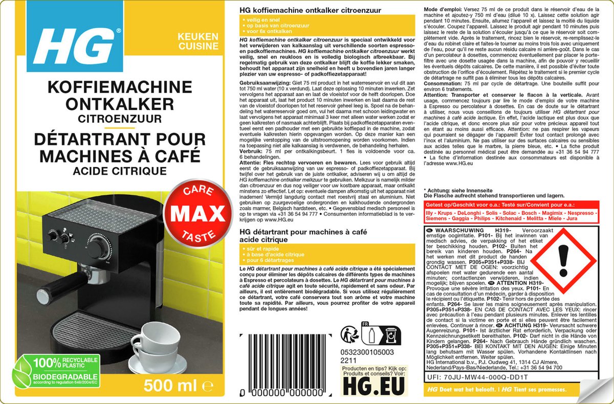 HG koffiemachine ontkalker citroenzuur 500ml — afbeelding 2