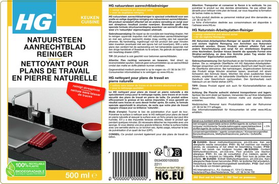 HG natuurstenen aanrechtbladreiniger, 500 ml. Met afbeelding van rode sponsjes en een kraan.