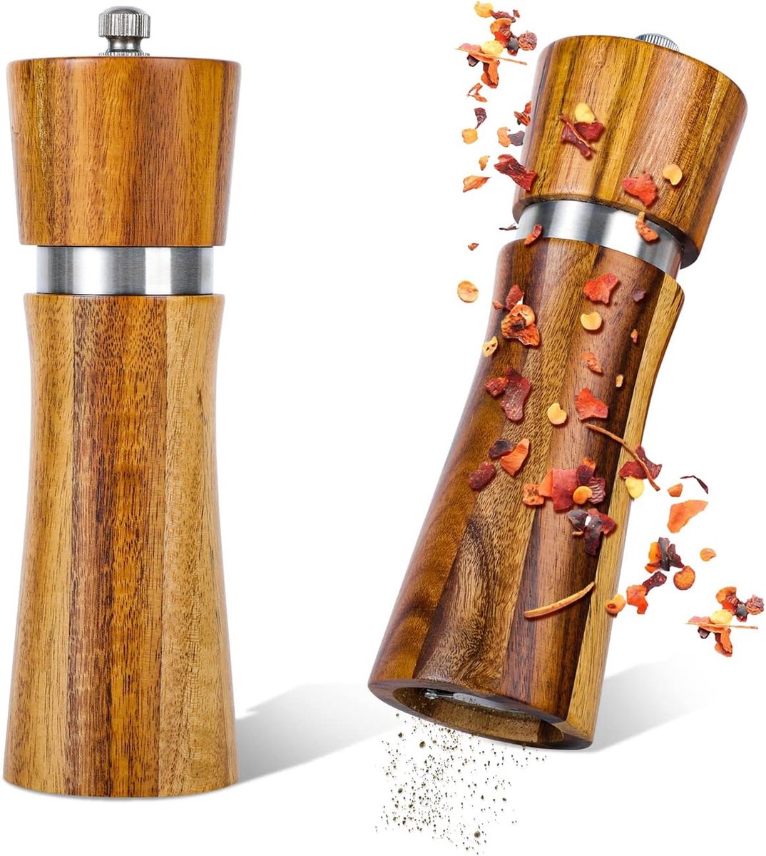 Zout- en pepermolen van hout, elegante kruidenmolens van acaciahout, kruidenmolens met robuust keramisch schilderij (16,5 cm), cadeau-idee (2 stuks)