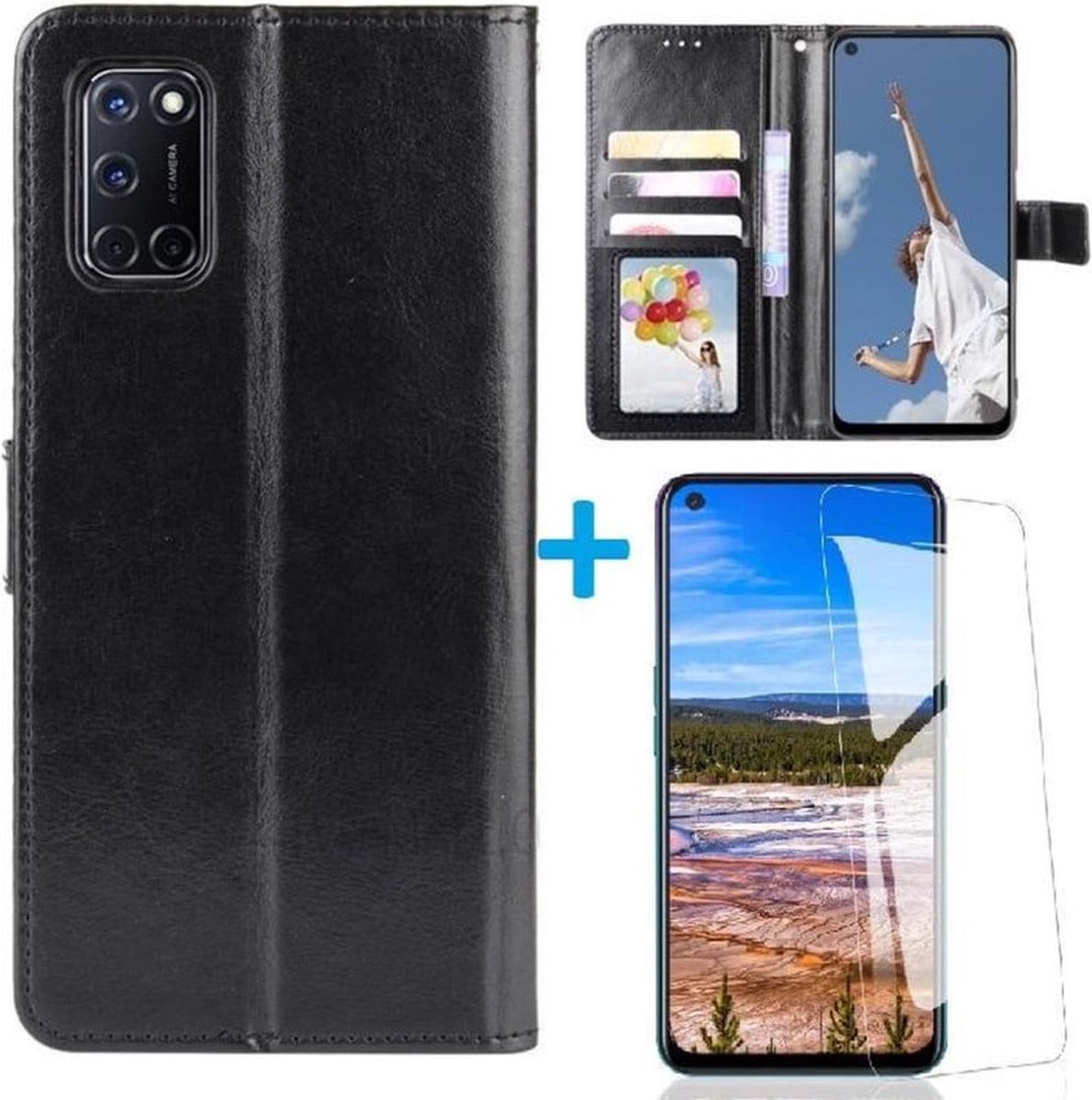 LuxeBass hoesje geschikt voor Oppo A52 / A72 / A92 hoesje book case zwart + Tempered Screenprotector gsm hoesje - telefoonhoes - telefoonhoesjes - beeldscherm - scherm - tempered glas