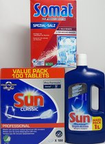 Vaatwas Pakket - Sun Vaatwastabletten 100 Stuks + Spoelglans 1 Liter + 1 Pak Vaatwaszout - Voordeelset