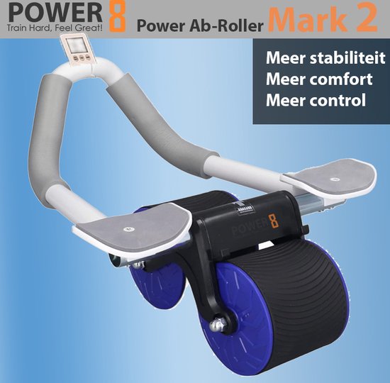 Power-8 Ab roller 2 Blauw : Optimale Core Workout: Multifunctionele AB Roller met Timer en Automatische Rebound | Abdominale Ab Wielroller voor Buikspieren | Kracht- en Spiertraining | Inclusief Elleboogsteun en Telefoonhouder | Afslanken | ab wheel