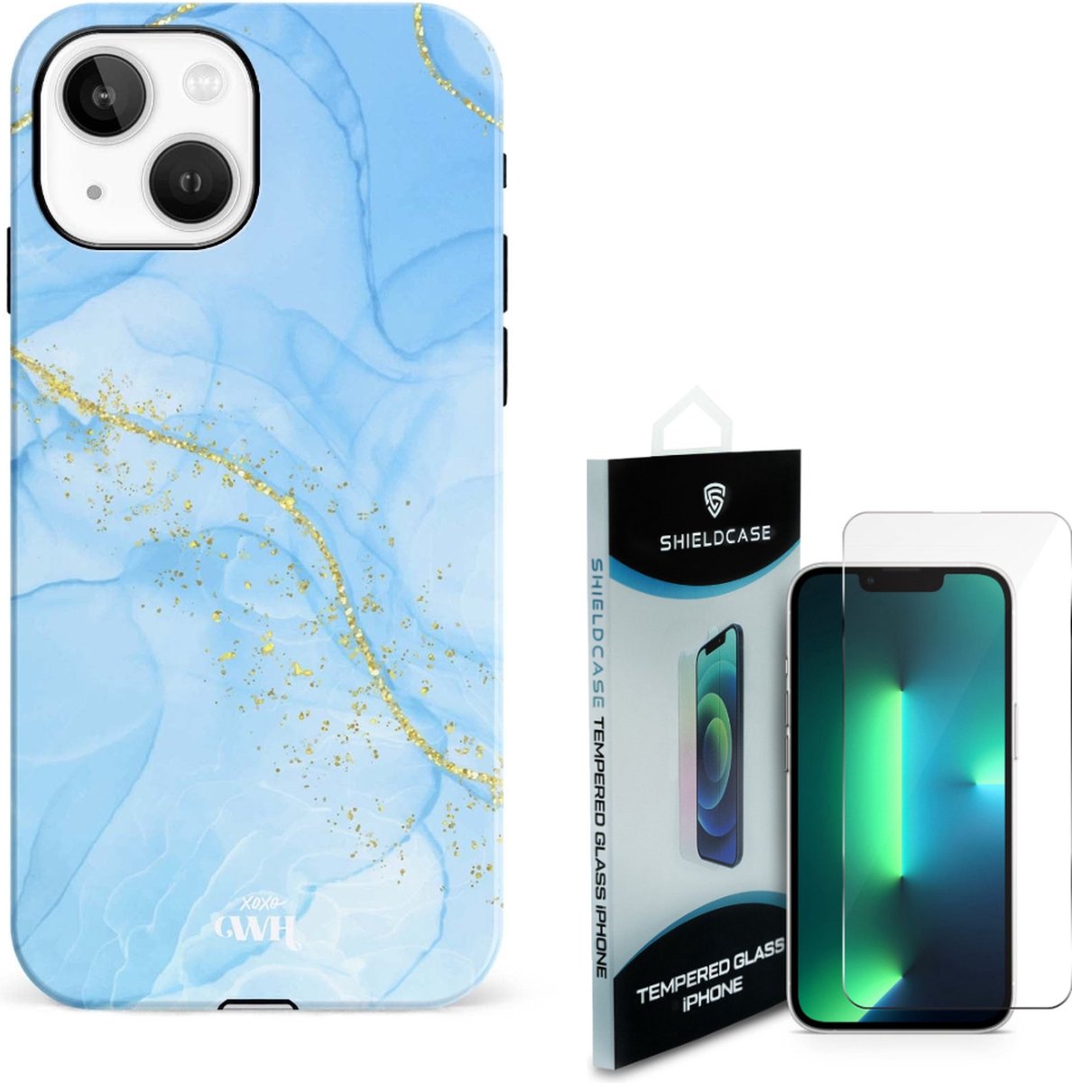 xoxo Wildhearts Marble Blue - Geschikt voor iPhone 13 hoesje - Shockproof hoesje incl. Screenprotector - Bescherming glasplaatje geschikt voor iPhone 13 - Screen protector glas - Full Cover bescherming + beschermhoes