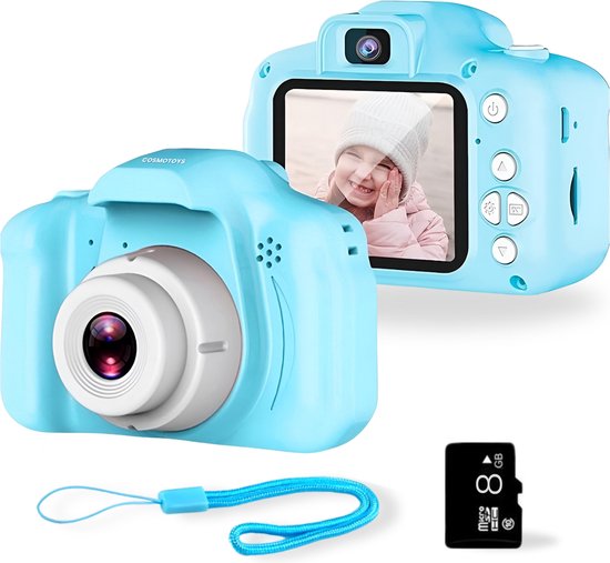 CosmoToys Kindercamera FULL HD - Incl. SD-Kaart en Veiligheidsriem - Vlog Camera voor Beginners - Blauw