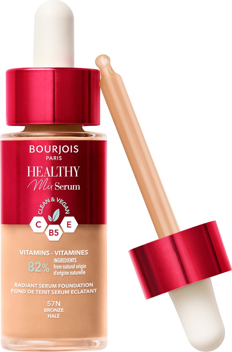 Goedkoopste Bourjois Healthy Mix - 57N - Bronze, Serum Foundation, laat de huid onmiddellijk stralen, hydrateert tot 24 uur lang, vegan formule, dauwachtige finish, houdt de hele dag lang, 30 ml