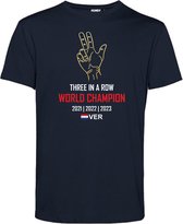 T-shirt kind Three in a Row World Champion | Formule 1 fan | Max Verstappen / Red Bull racing supporter | Wereldkampioen | Navy | maat 140
