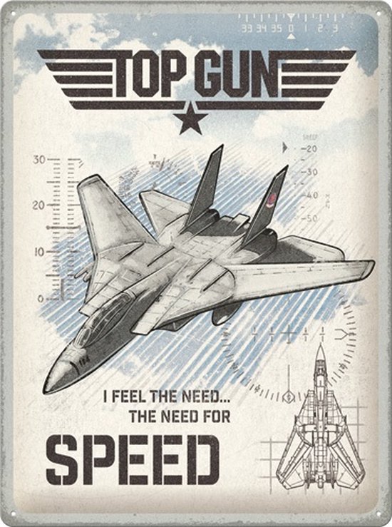 Metalen Wandbord Top Gun - Jet - 30 x 40 cm - Reliëf
