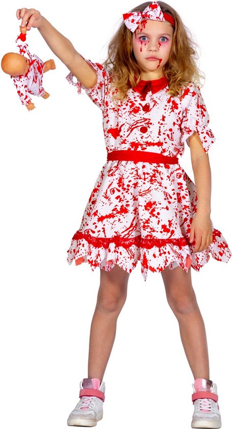 Wilbers & Wilbers - Living Dead Dolls Kostuum - Bloedmooi Popje Pipa - Meisje - Rood, Wit / Beige - Maat 164 - Halloween - Verkleedkleding