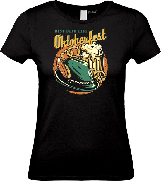 Oktoberfest t-shirt dames roze met print Biertjuh? | Thema & party t-shirts bedrukt | Den Bosch