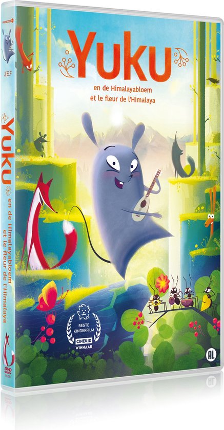 DVD-hoes "Yuku en de Himalayabloem" met blauwe konijn met gitaar, rode vos en andere dieren in een groen bos.