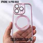 Apple iPhone 14 Pro Max Magnetisch Hoesje Met Lensbeschermer - Magsafe - Magneet Case Met Ring en camera cover transparant met gekleurde rand - roze