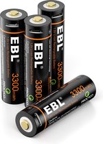 EBL Lot de 4 piles rechargeables AA – Batterie AA rechargeable 3 300 mWH avec 2 câbles de charge 2 en 1 – Piles au lithium Micro USB – Durable