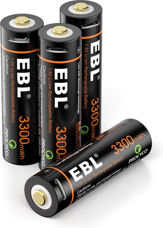 EBL Lot de 4 piles rechargeables AA – Batterie AA rechargeable 3 300 mWH  avec 2 câbles