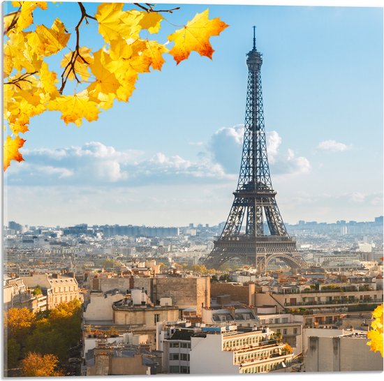 Acrylglas - Eiffeltoren in Parijs Omringd door Gele Bloemen - 50x50 cm Foto op Acrylglas (Wanddecoratie op Acrylaat)