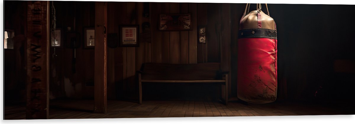Dibond - Kamer - Bokszak - Palen - Sporten - Hout - 120x40 cm Foto op Aluminium (Met Ophan