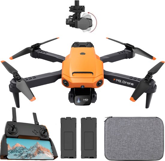 SefSay P8 Drone Oranje - Drone met dubbele camera - Obstakel ontwijking - Drones - drone voor kinderen - Drones met camera voor volwassenen - Inclusief opbergtas en 2 accu's