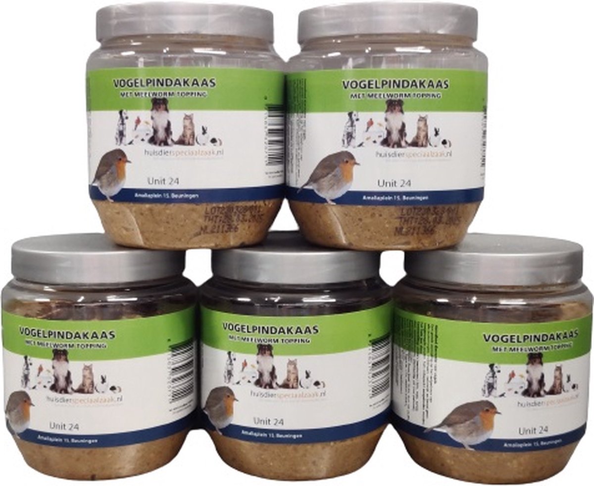 Unit 24- 5 Potten vogelpindakaas met meelwormen. Plastic potten á 350 gram. Tuinvogelvoer. Voordeelverpakking
