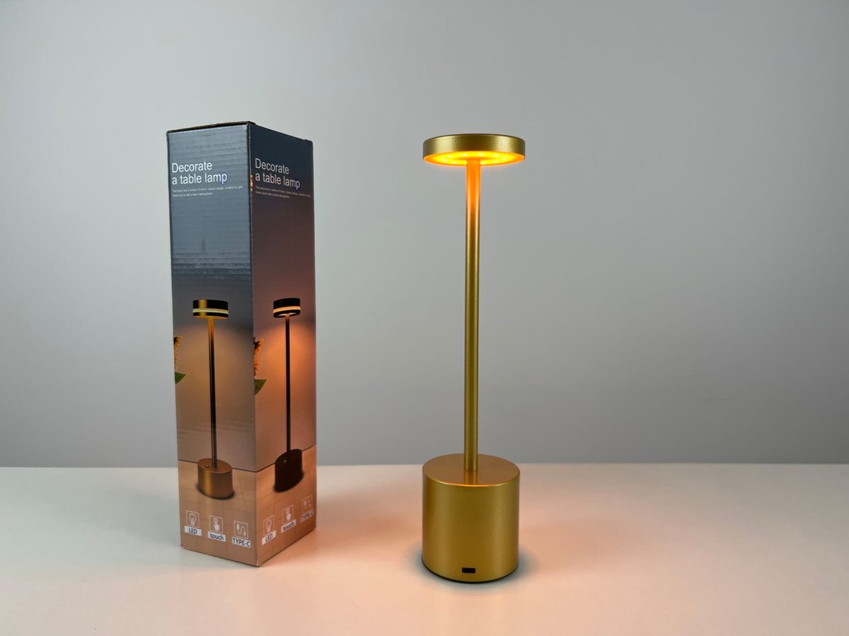 Tafellamp Touch - Goud - Tafellamp - Bureaulamp - LED - Oplaadbaar - Dimbaar - Draadloos - Industrieel en modern - Tafellamp voor binnen en buiten