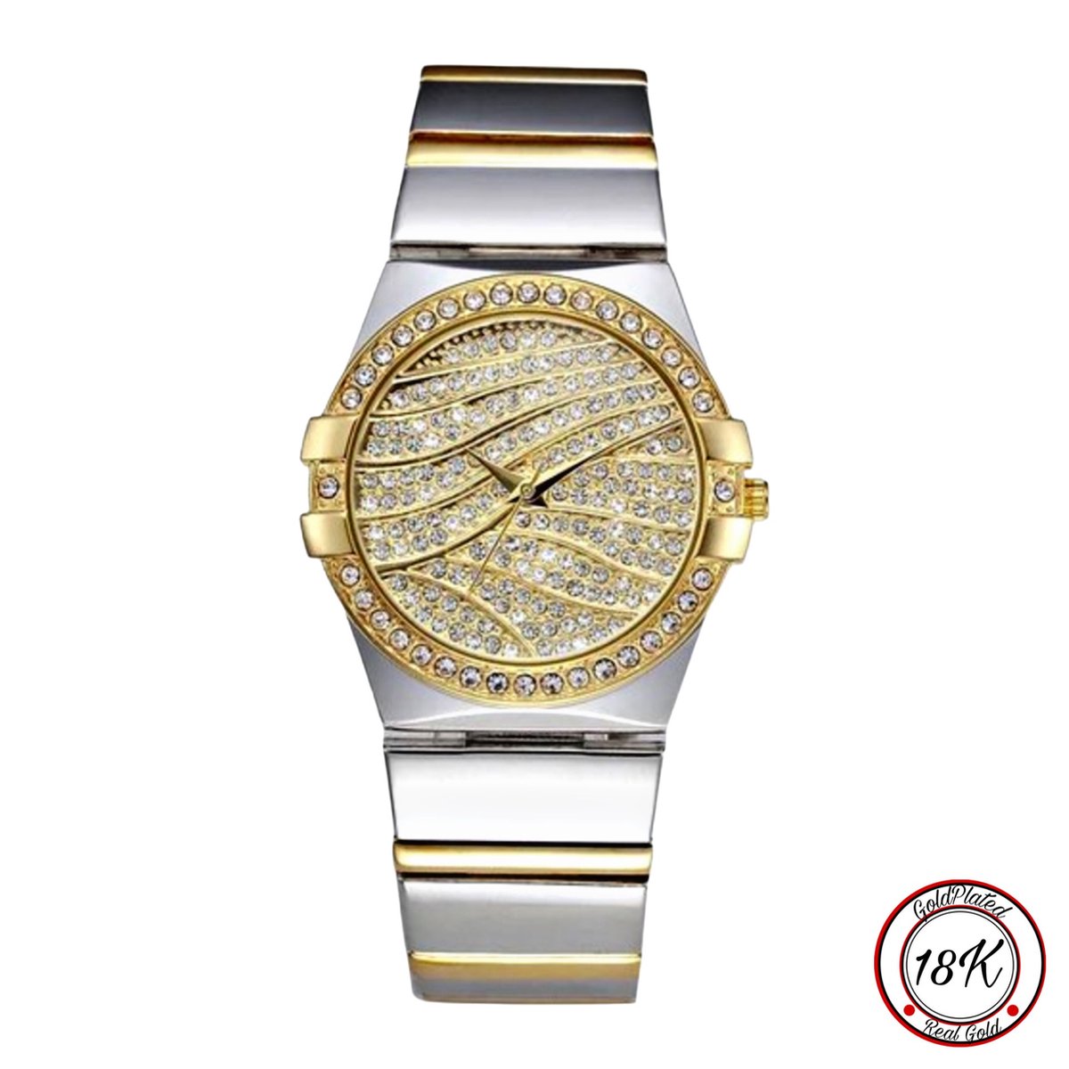 Borasi Full Zirkonia Bling Horloge | 18k Goldplated | ZilverGoud | RVS Stainless Steel | Inclusief Verstelsetje | Water Bestendig | Quartz | Bling Horloge | Vrouwen Horloge | Horloges Voor Vrouwen