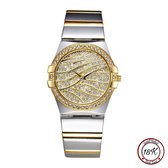 Borasi Full Zirkonia Bling Horloge | 18k Goldplated | Zilver&Goud | RVS Stainless Steel | Inclusief Verstelsetje | Water Bestendig | Quartz | Bling Horloge | Vrouwen Horloge | Horloges Voor Vrouwen