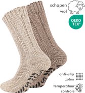 Noorse Dikke Wollen sokken met antislip - Set van 2 paar - Beige & Bruin - maat 35-38 - Huissokken dames/Dikke Wintersokken kinderen/Hygge