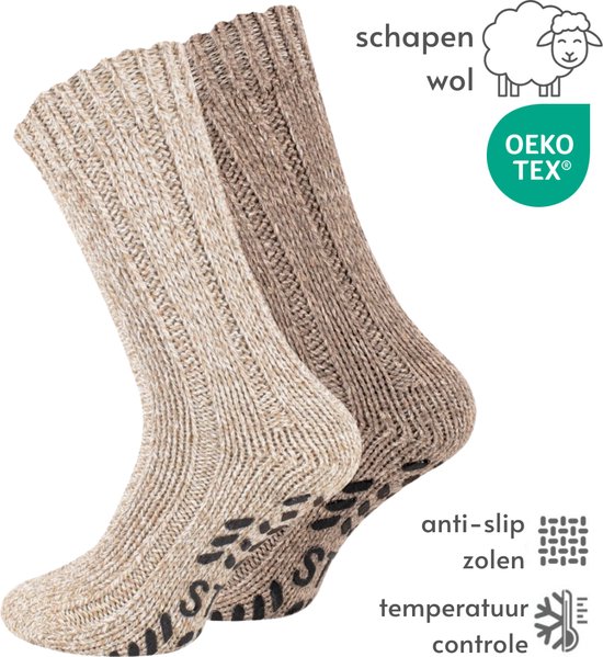 Chaussettes norvégiennes en laine épaisse avec antidérapant - Set de 2 paires - Beige & Marron - taille 35-38 - Chaussettes d'intérieur femmes/Chaussettes d'hiver épaisses enfants/Hygge