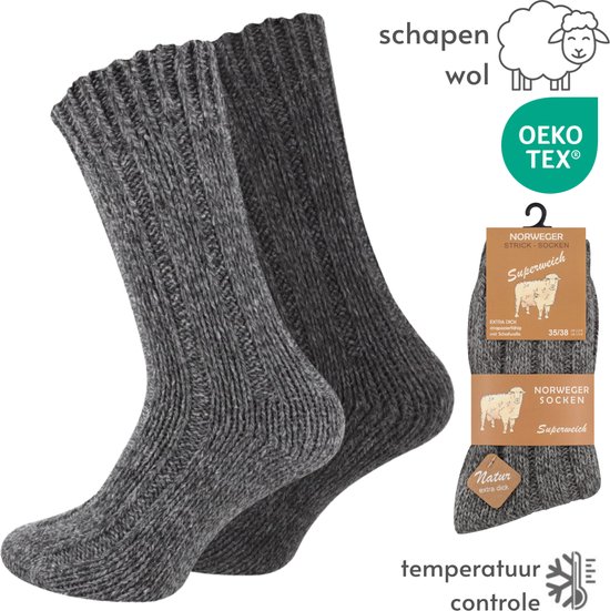 Warme Noorse Wollen sokken - 2 paar - Zwart & Grijs - Dikke Huissokken met Schapenwol, Wintersokken