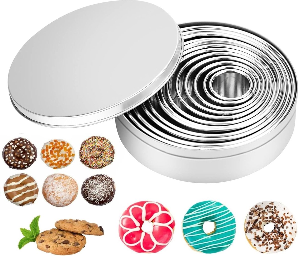 Pak van 12 ronde koekjesvormers, ronde koekjesvormers, ringen koekjesvormers, koekjesvormen 2,6-11,3 cm, koekjesvormers met opbergdoos, roestvrijstalen koekjesvormers voor koekjes, gebak, mousse, donuts