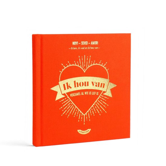 Oranje boek met gouden hart en tekst 'Ik hou van'.