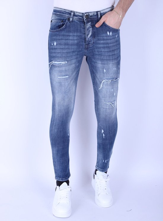 Donkerblauwe Slim Fit Heren Jeans met Gaten - 1101 - Blauw