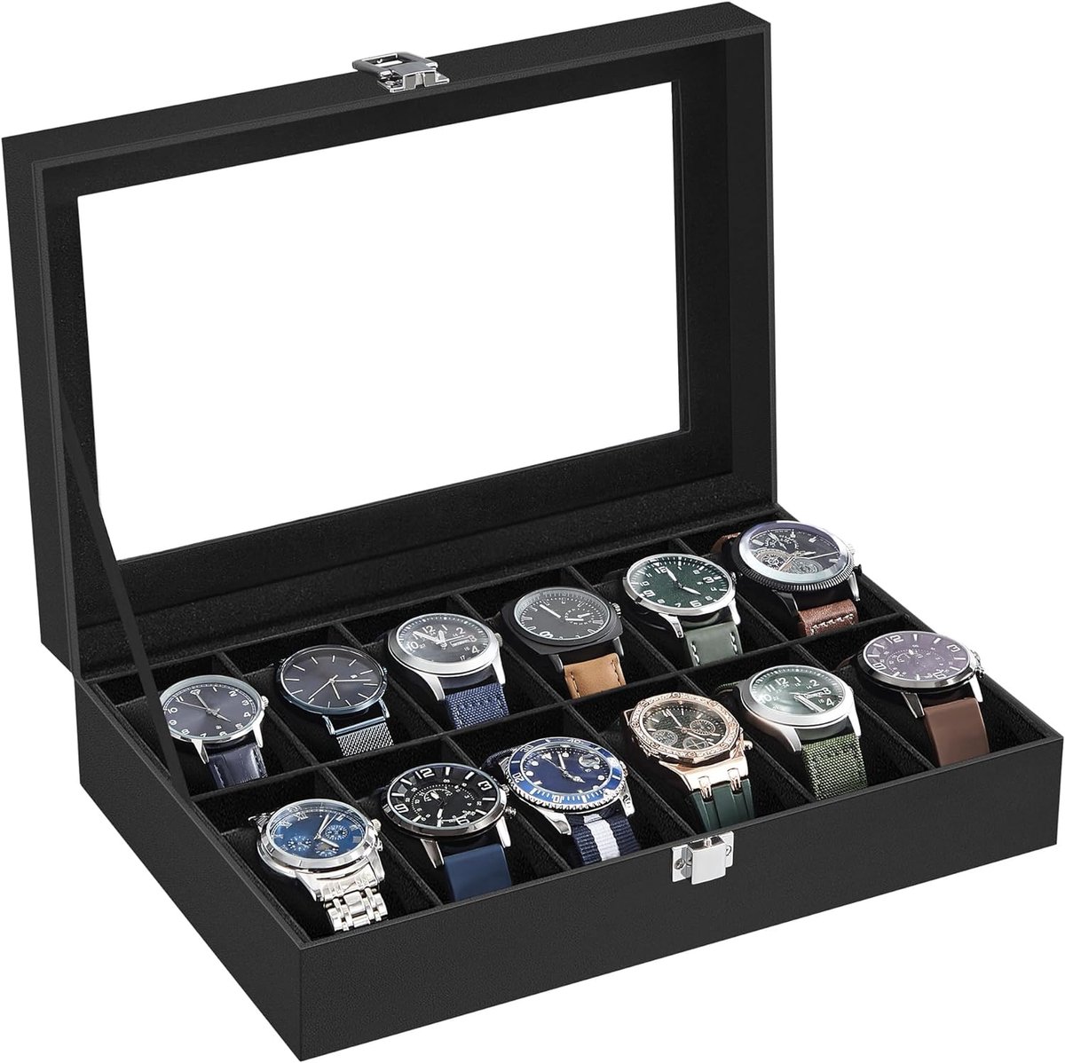 Horlogebox met 12 vakken - horlogekast met glazen deksel - Horlogedoos - Opbergbox Horloges voor Heren