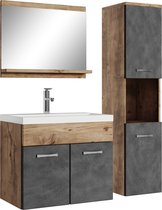 Set de meubles de salle de bain Badplaats Montréal 60 cm x 35 cm - Chêne châtaignier et Grijs foncé - Meuble de salle de bain avec miroir et armoire latérale