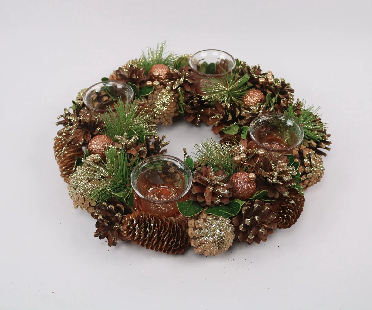 Kerststuk krans tafelstuk 34 cm rond goud groen met 4 theelichthouders & dennenappels | NFT-65531 | La Galleria