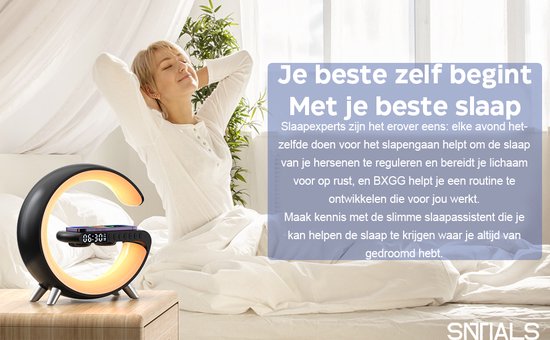 SNTIALS Wake Up Light Zwart - Met Gratis Slaapmasker - Draadloze Telefoon Oplader - Google Home & Alexa - Bluetooth Speaker - Wekker - Wireless Charger - Nacht Lamp - Bureau Lamp LED - Sfeerlamp - Lichtwekker - SNTIALS