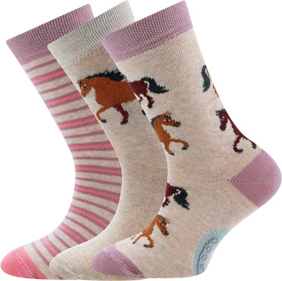 Ewers Kindersokken Meisjes - Set / 3-Pack - Beige met Bruine Paard & Beige met Roze Strepen & Beige met Bruine Paarden-39/42